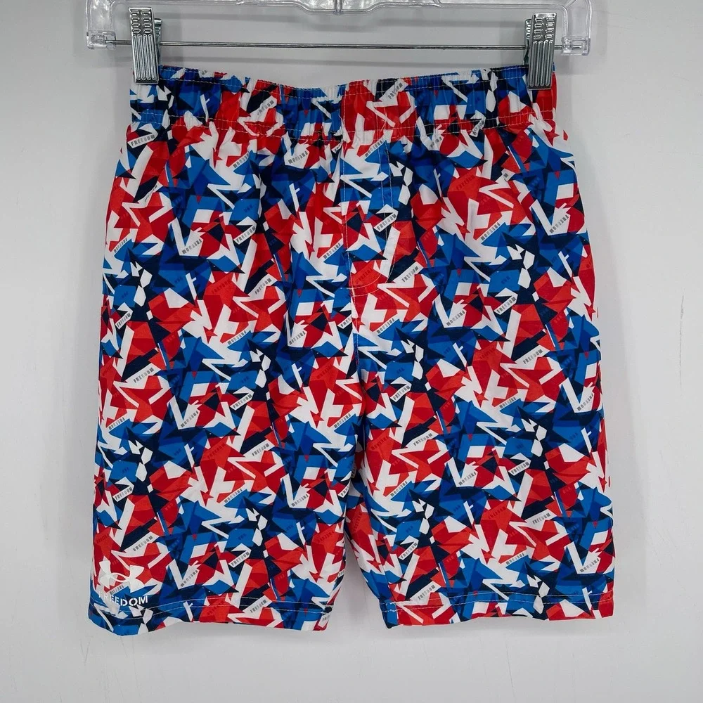 Under Armour Boy's Red White Blue Freedom Geometric Print Swim Trunks Size M